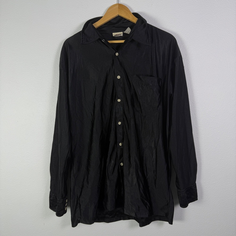 Retro Blues Button Down Shirt Mens XL Black Excellent Silky Long Sleeve Ribbed